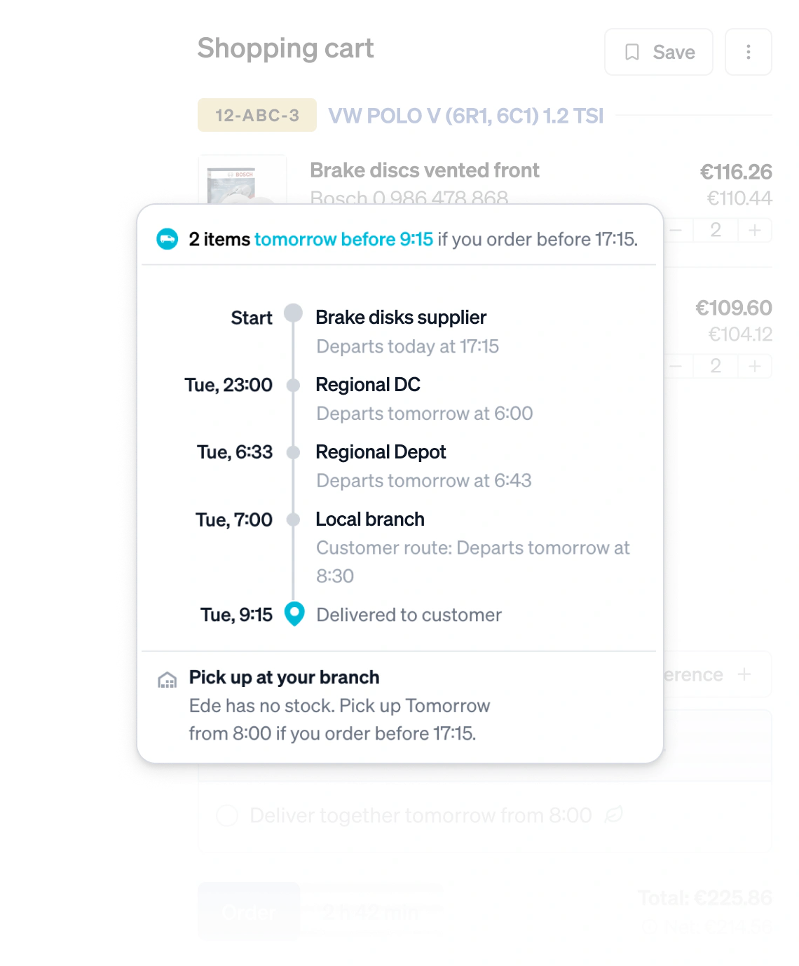 A shopping cart showing delivery times per part and the route a delivery takes to the customer