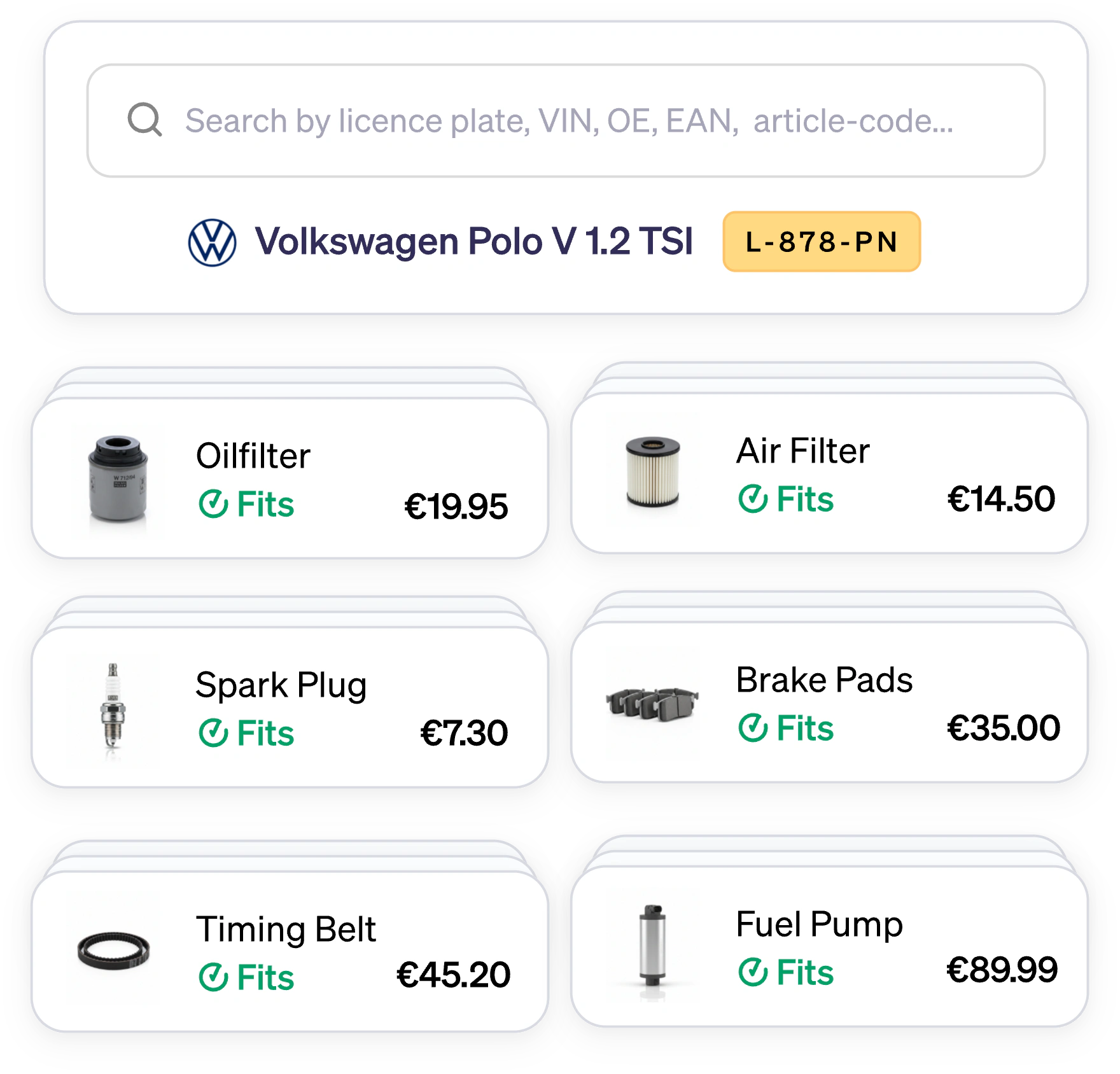 Search by licence plate showing six parts that all fit a Volkswagen Polo