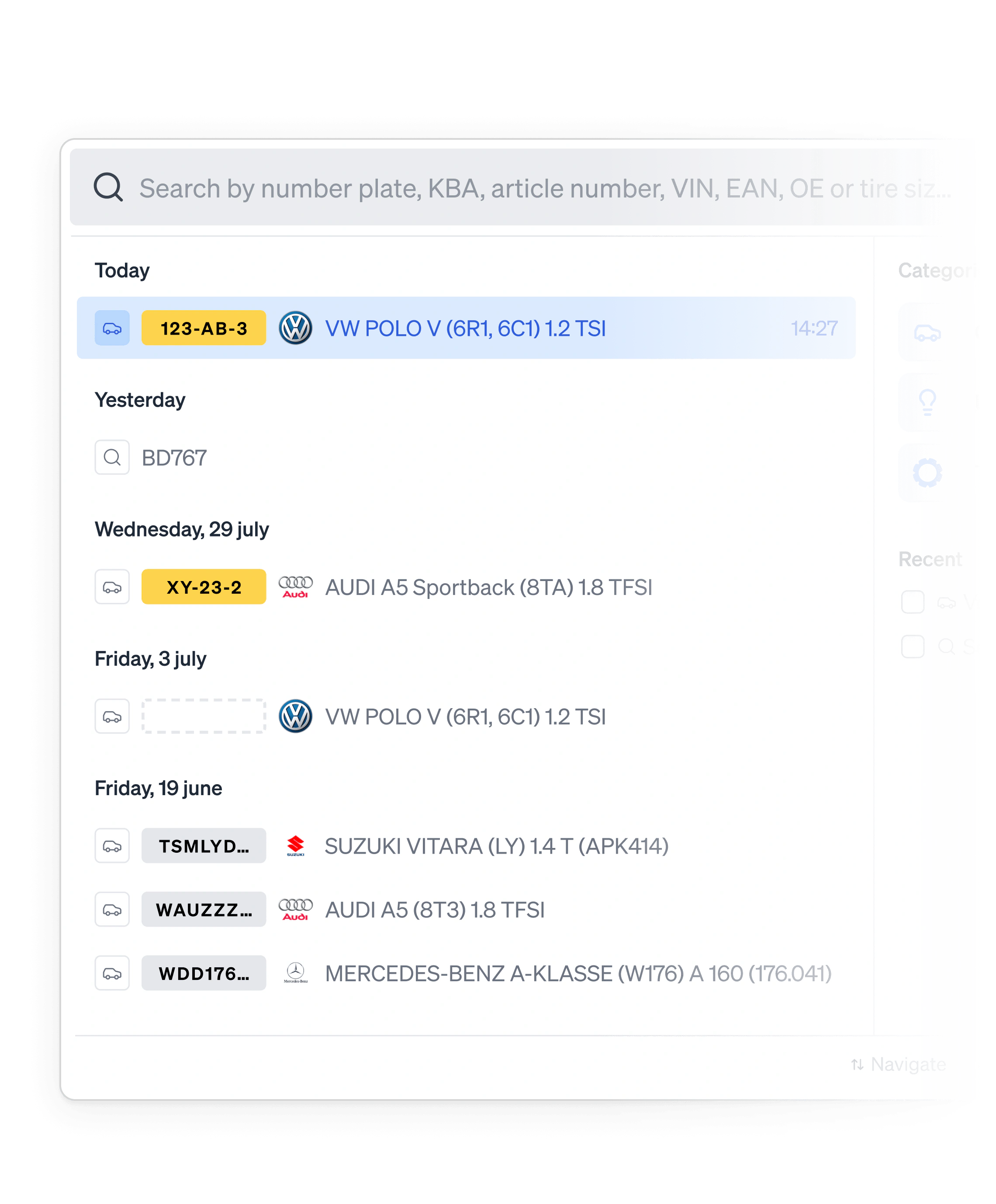 A search dialog listing recent licence plate lookups and the vehicles they matched