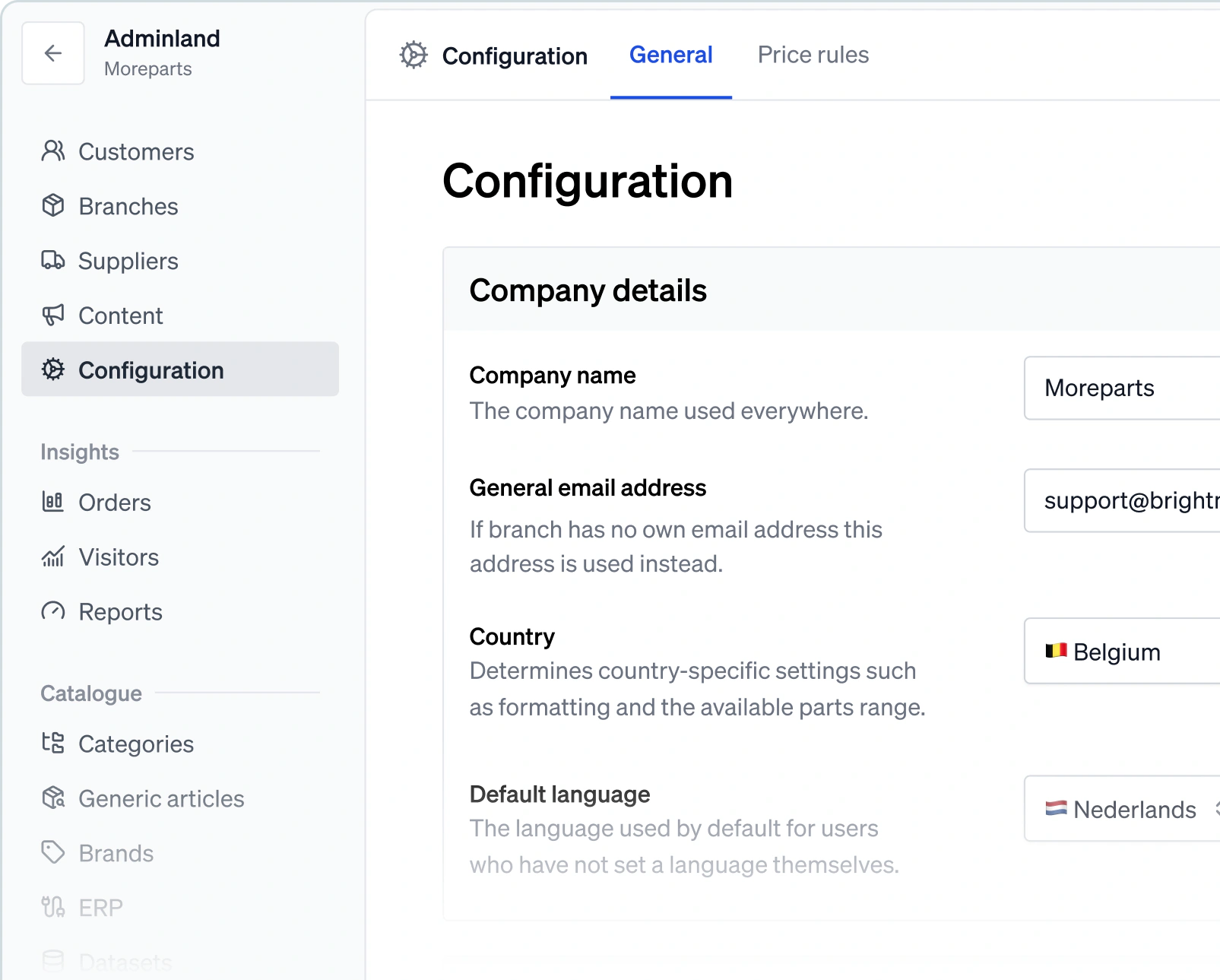 The Configuration page in Adminland, with the company name, email address, country and default language set for the whole storefront