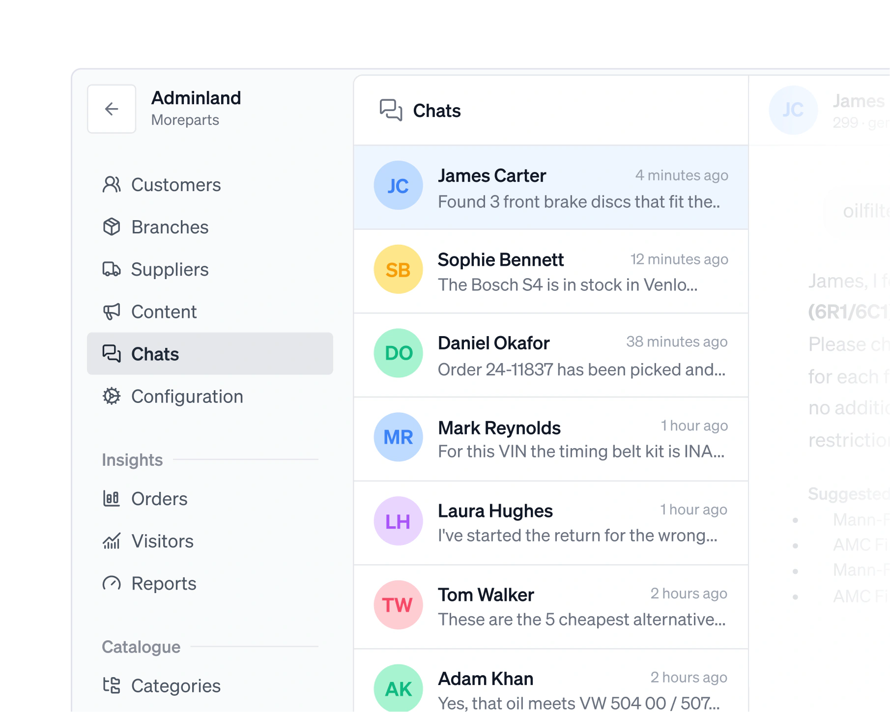 The chats section of Adminland, conversations listed by the person who ran them and how long ago, the open one showing the filters the assistant suggested