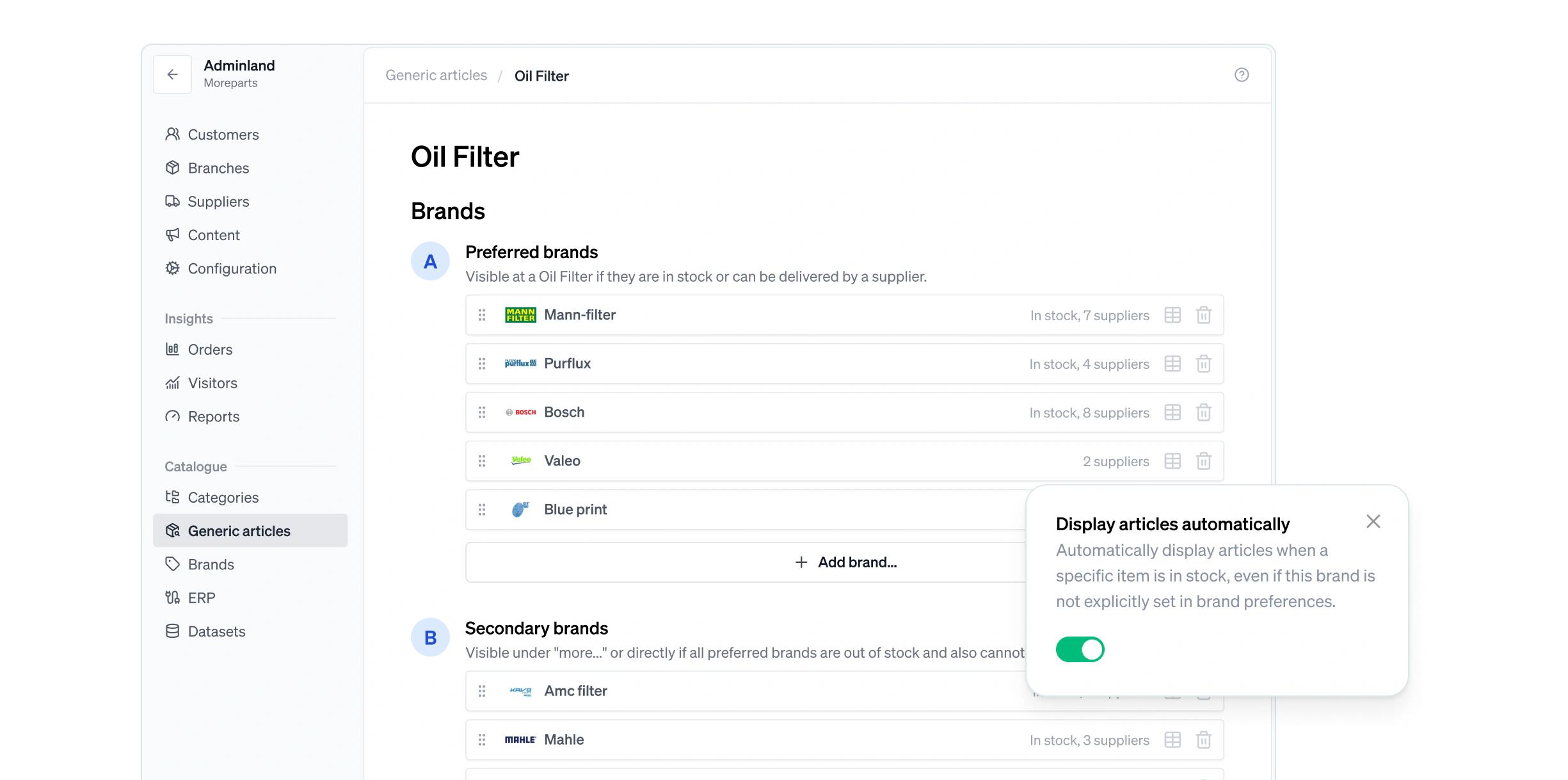 Adminland listing the preferred brands for an oil filter in order, with secondary brands beneath them
