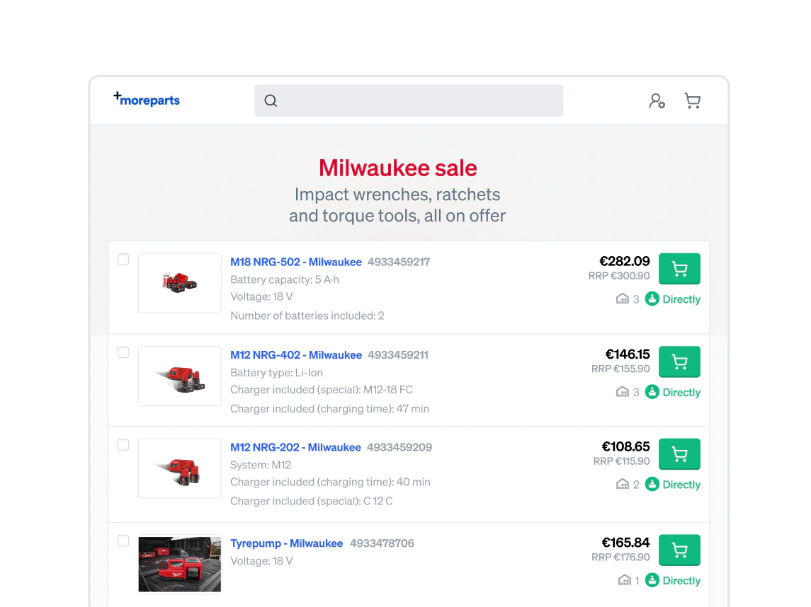 A Milwaukee sale campaign page, its description above M18 and M12 tools, each with a price and an add to cart button