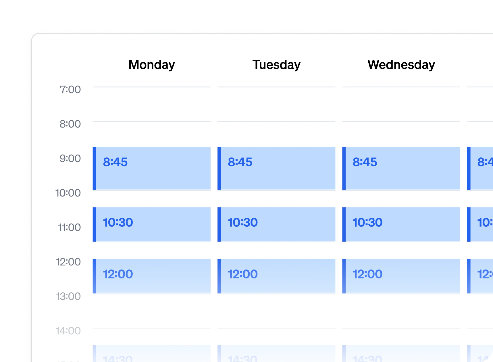 A week of delivery runs on a calendar, three departures a day at 8:45, 10:30 and 12:00