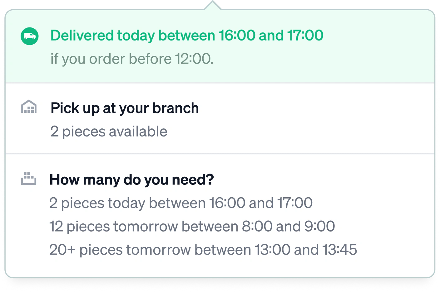 The same delivery time opened up: delivered today between 16:00 and 17:00 if you order before 12:00, two pieces available to pick up at your branch, and two pieces today against twelve tomorrow morning or twenty and more tomorrow afternoon