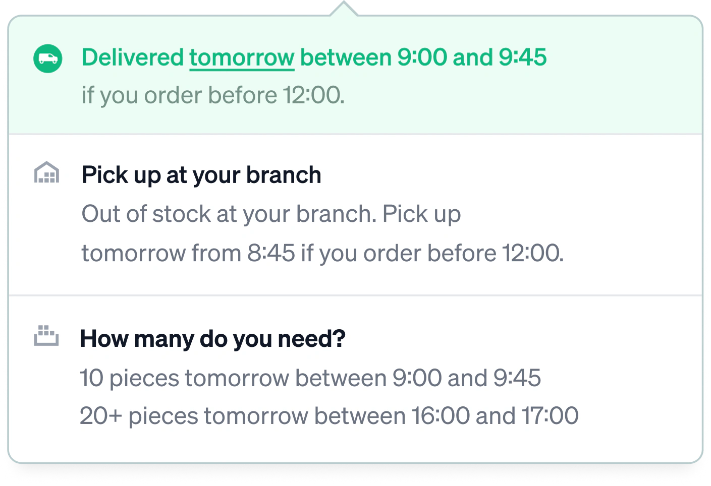 The same delivery time opened up: delivered tomorrow between 9:00 and 9:45 if you order before 12:00, out of stock at your branch but ready to pick up from 8:45, and ten pieces tomorrow morning against twenty and more tomorrow afternoon
