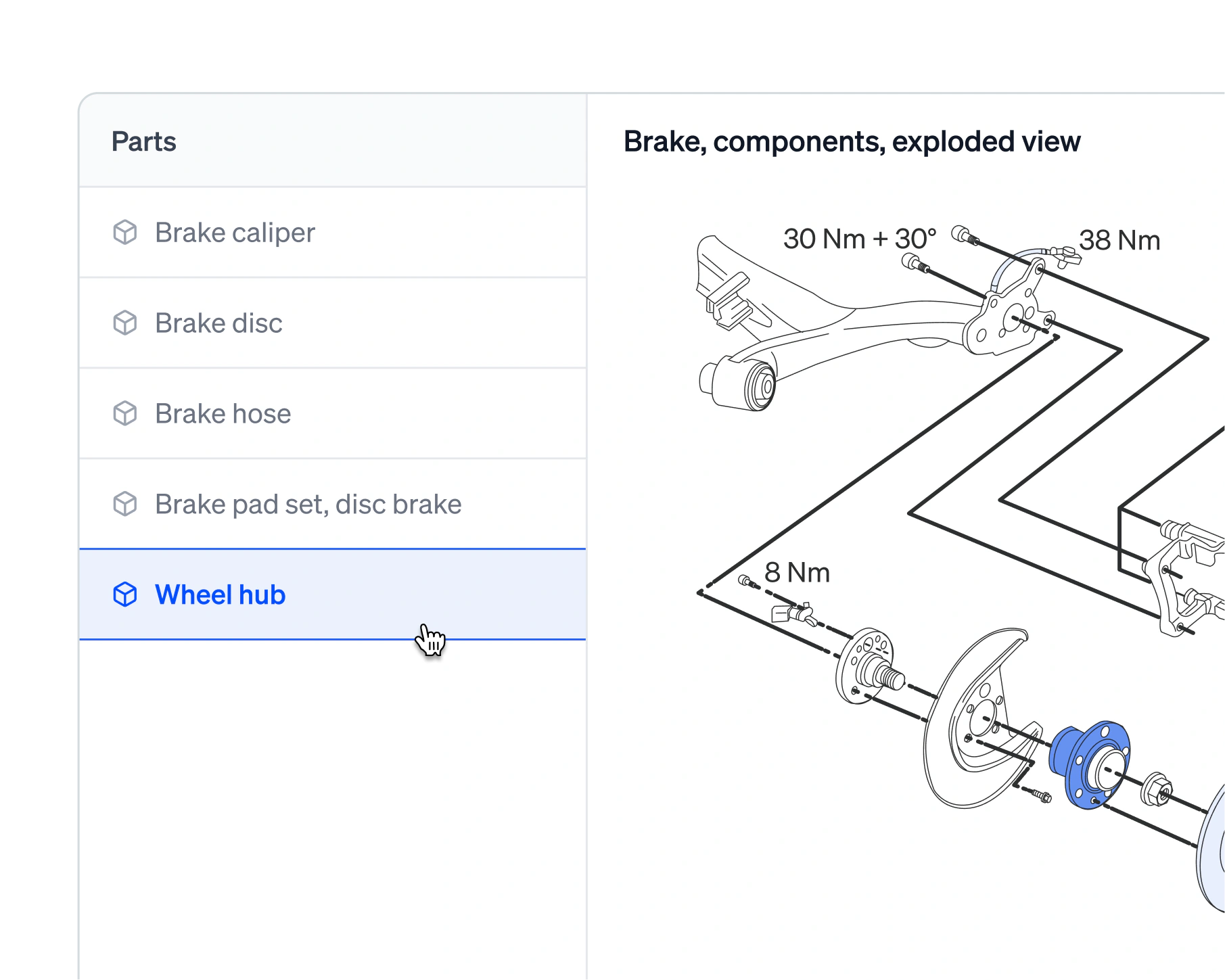 An exploded brake drawing beside its parts list, the hovered wheel hub picked out in blue in both