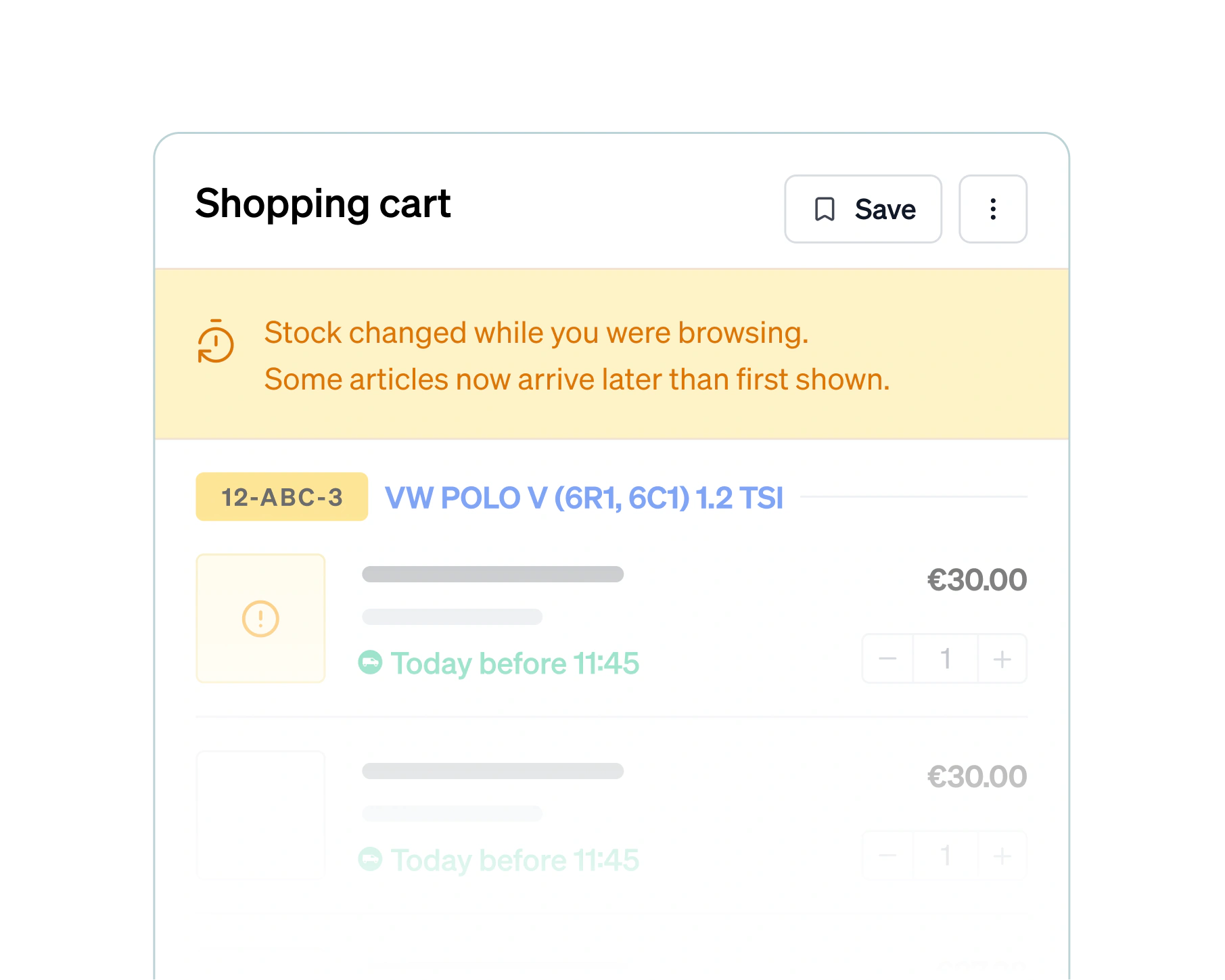 The cart announcing stock changed while you were browsing, with the article whose delivery time moved flagged