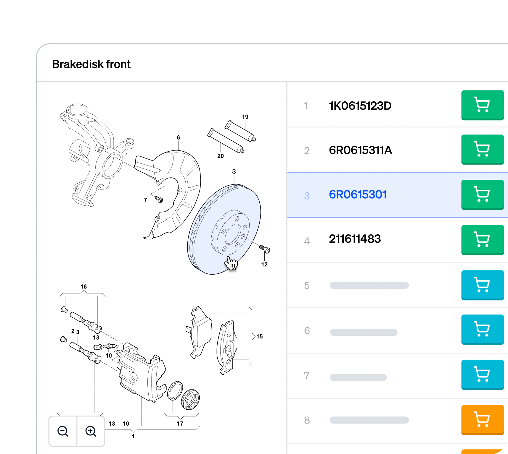An exploded view of a front brake disc with every part numbered and orderable beside it