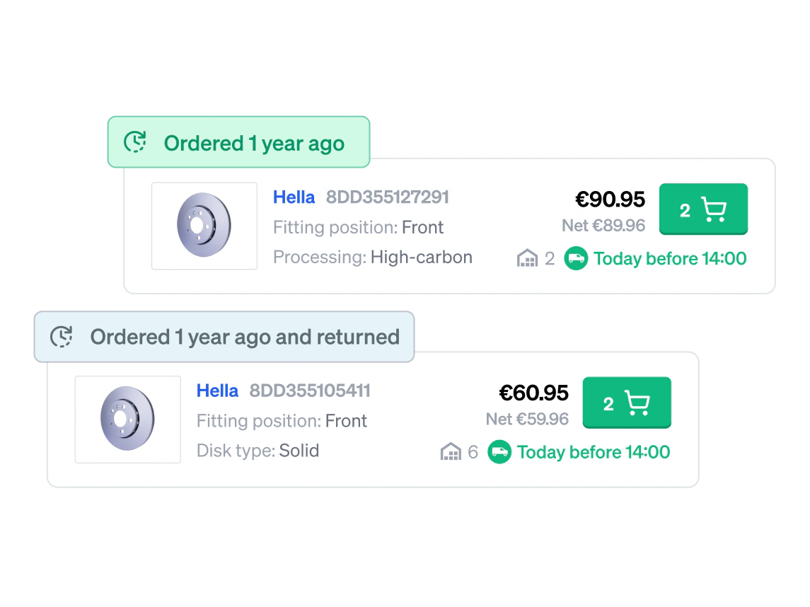 Two Hella brake discs in a parts list, the first under a green Ordered 1 year ago label and the second under a grey Ordered 1 year ago and returned label