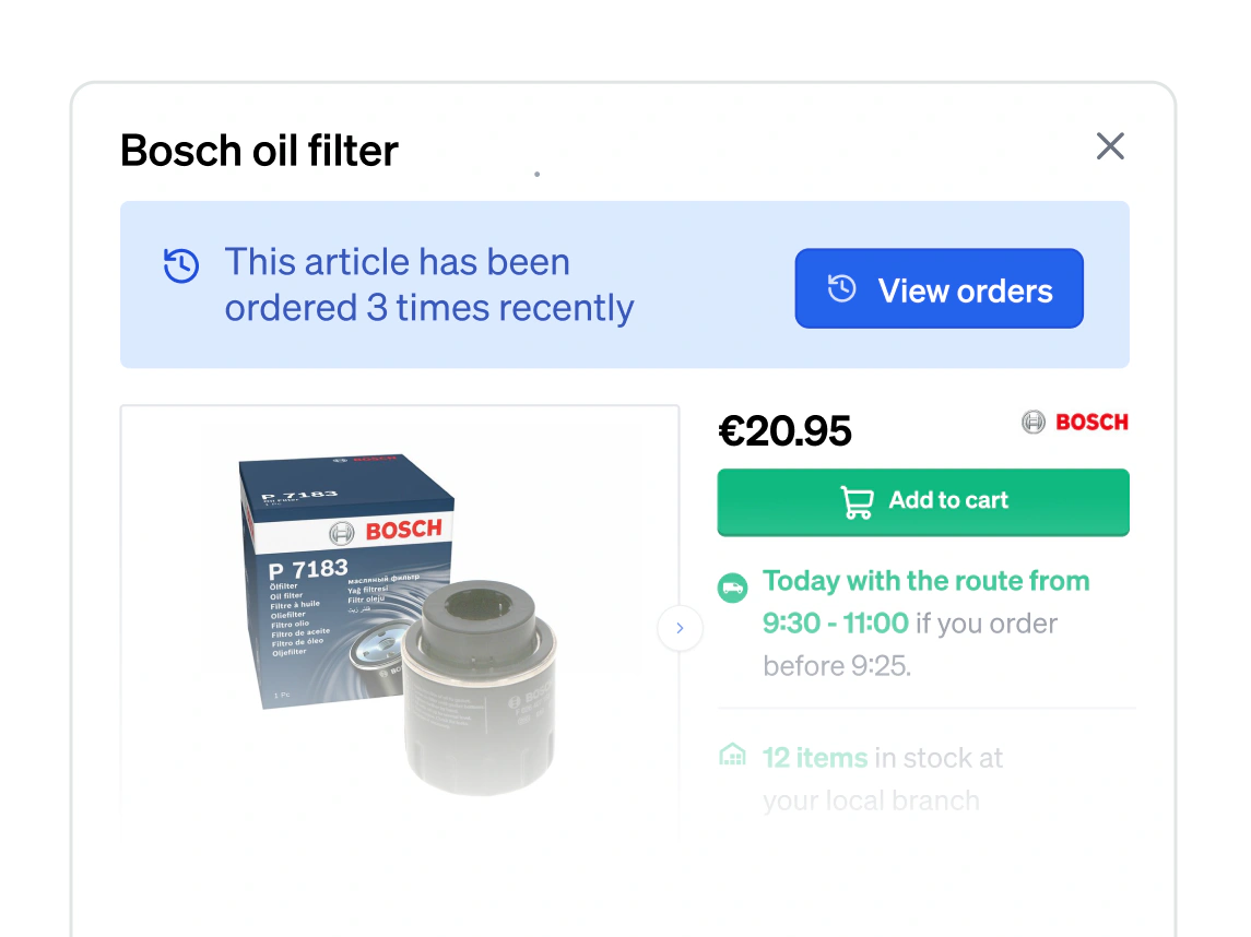 A Bosch oil filter window opening with a blue bar saying the article has been ordered 3 times recently, a View orders button beside it