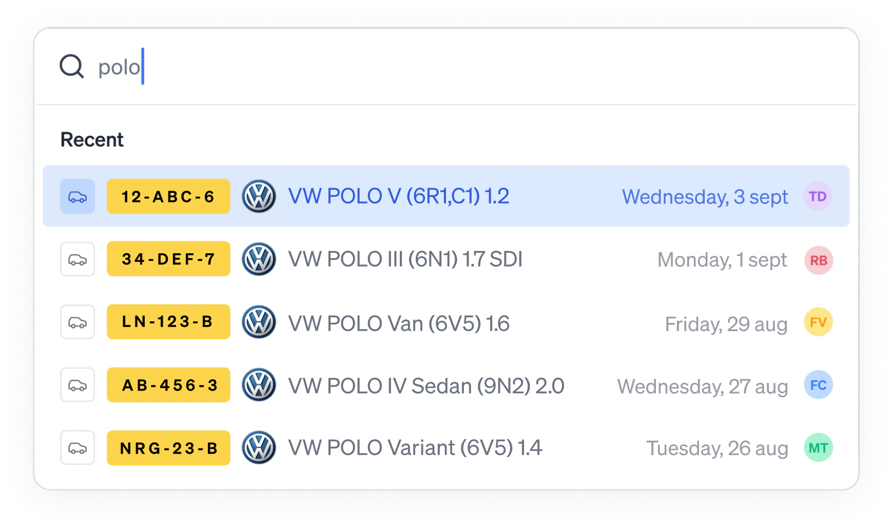 The search bar with polo typed in, listing five recent Volkswagen Polos with their number plates, the day each was opened and the colleague who opened it