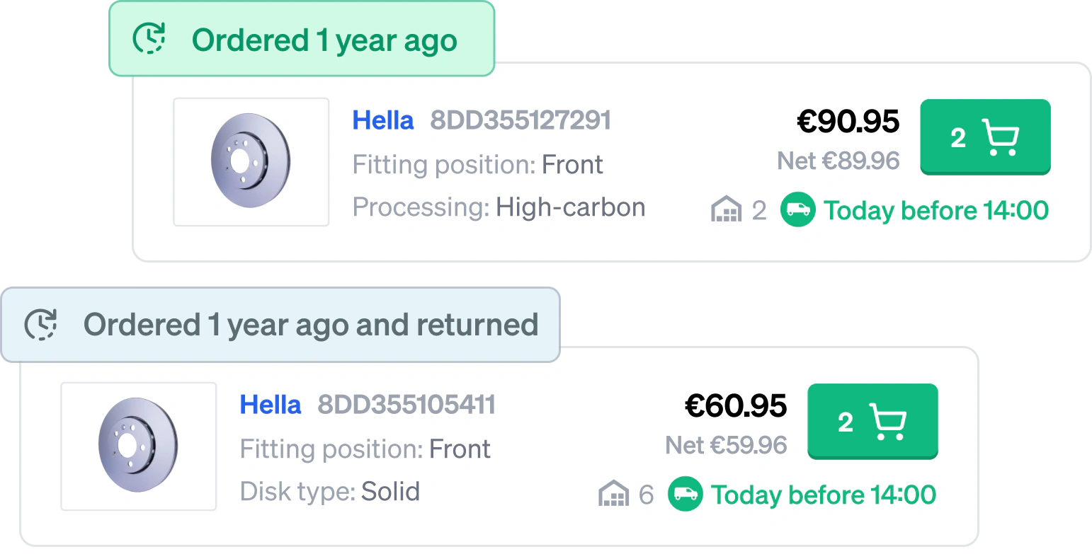 Two brake discs in a parts list, each under an Ordered 1 year ago label: green on the one still fitted, grey on the one that came back
