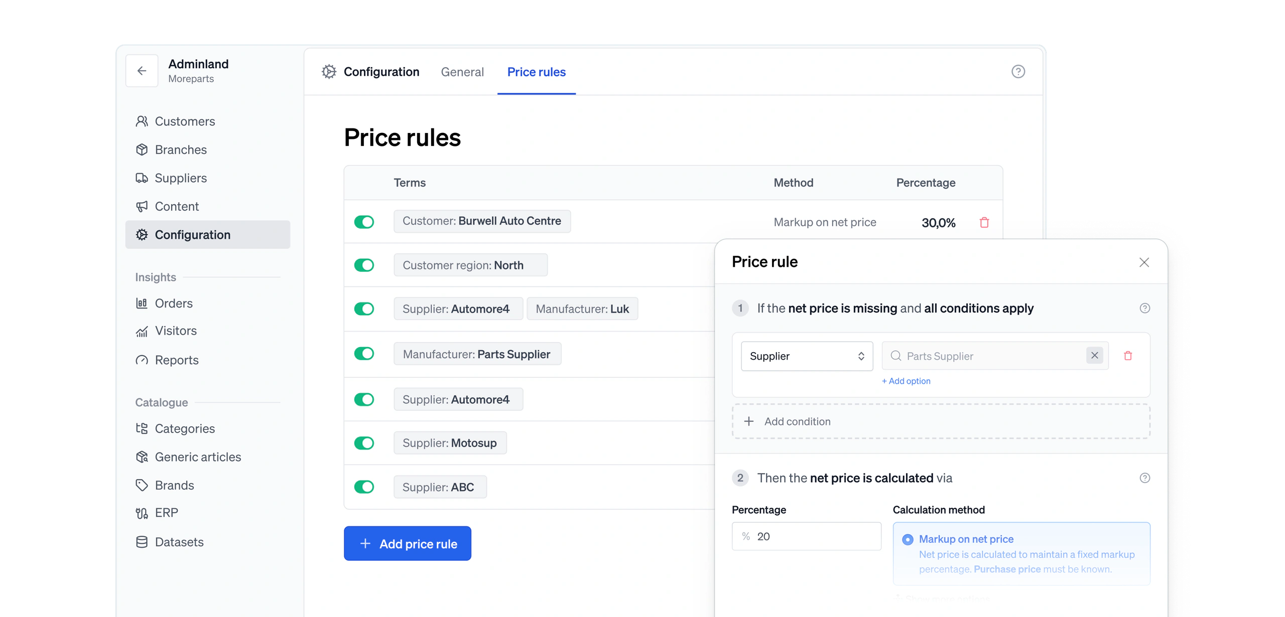 Adminland's price rules, one rule per customer, supplier and manufacturer, with a rule open on its condition and its markup on the net price