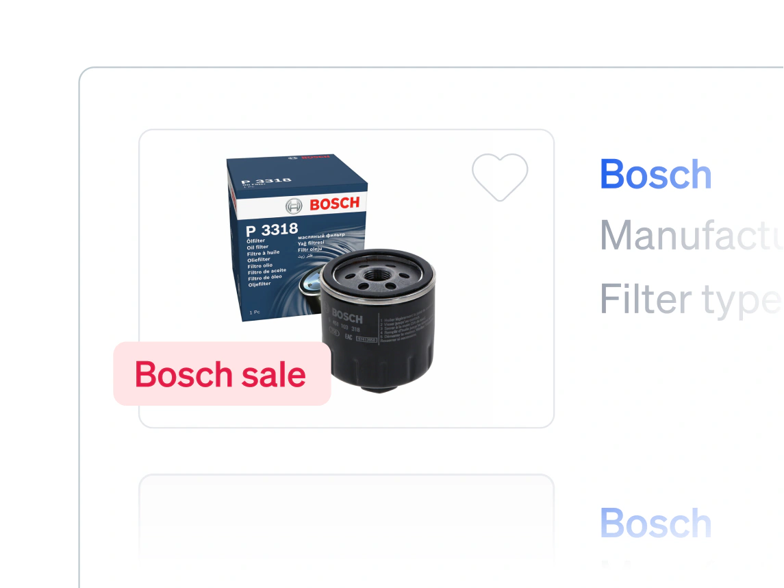 A Bosch oil filter in the parts list, a red Bosch sale label printed across the corner of its photo