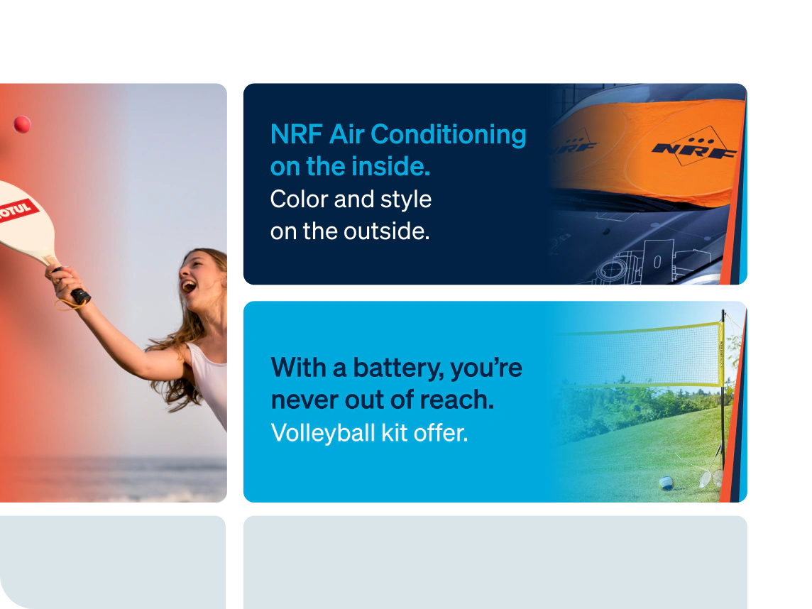 Promotion blocks in the storefront, an NRF air conditioning offer above a battery offer, beside a Motul campaign in the wholesaler's own branding