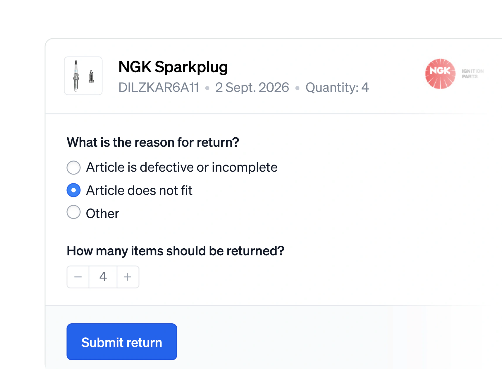 The return form for an NGK spark plug ordered on 2 September, Article does not fit picked as the reason and the quantity set to 4, above a Submit return button