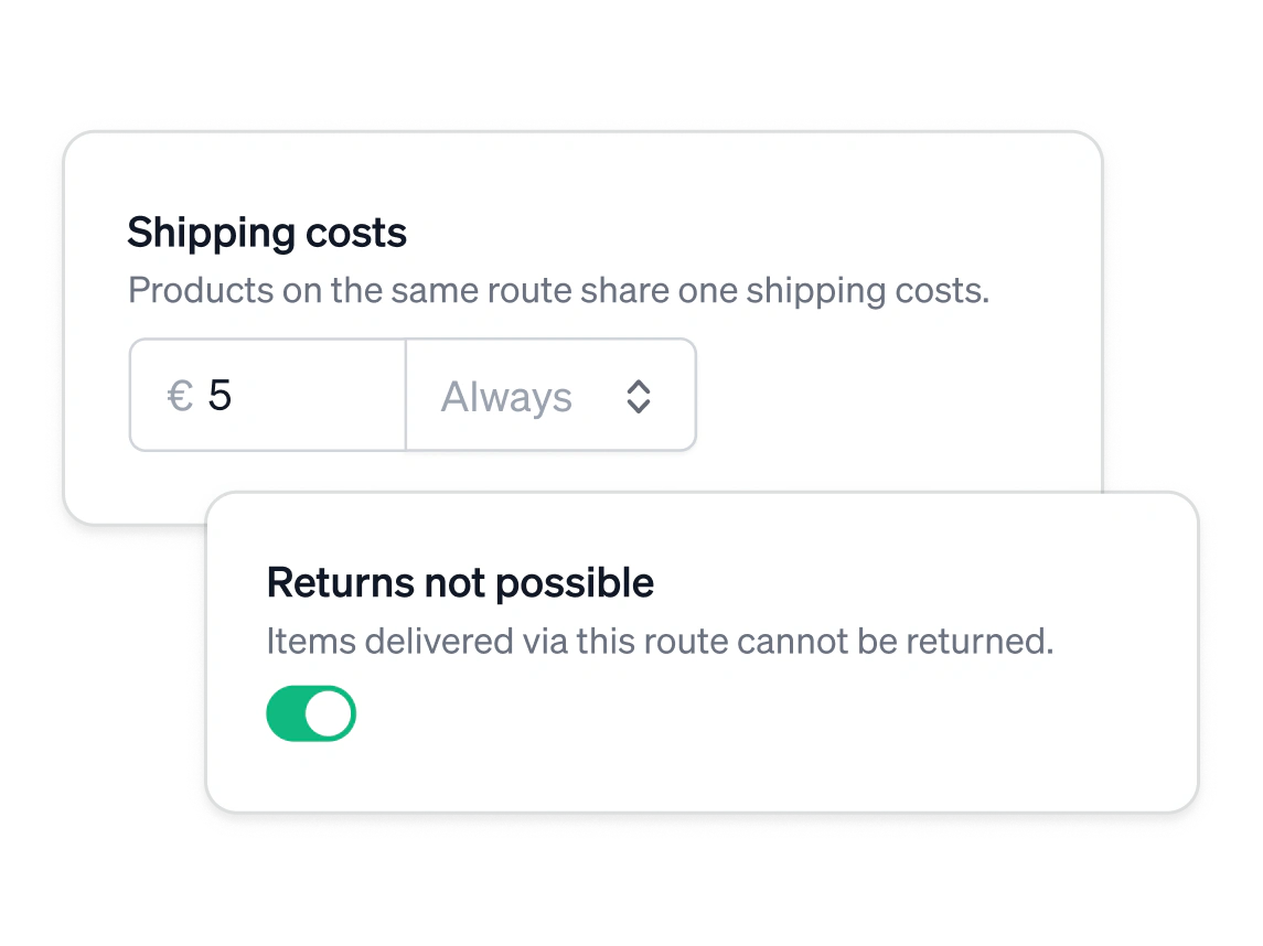 A route's shipping costs, five euro charged on every departure, beside its returns toggle