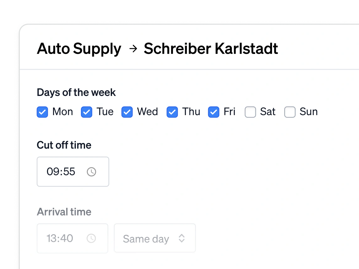 A route from Auto Supply to a branch, with its delivery days, a 09:55 cut-off and a same-day arrival time