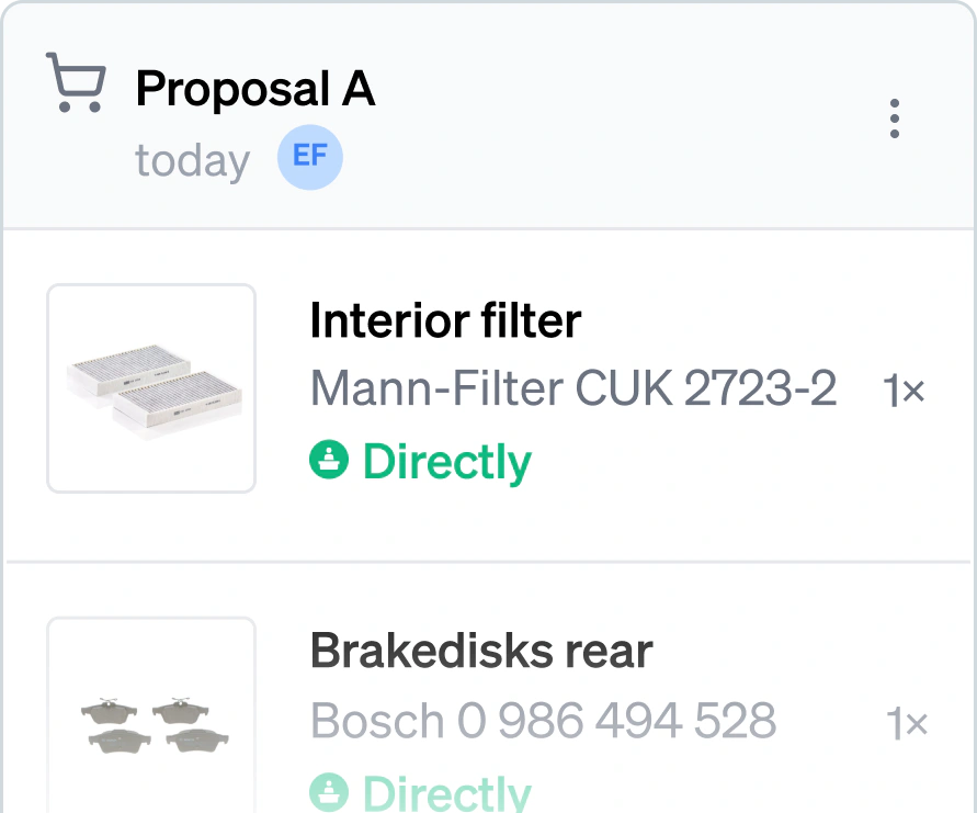 A cart saved as Proposal A today by a colleague, holding a Mann-Filter interior filter and Bosch rear brake discs, each in stock for direct delivery