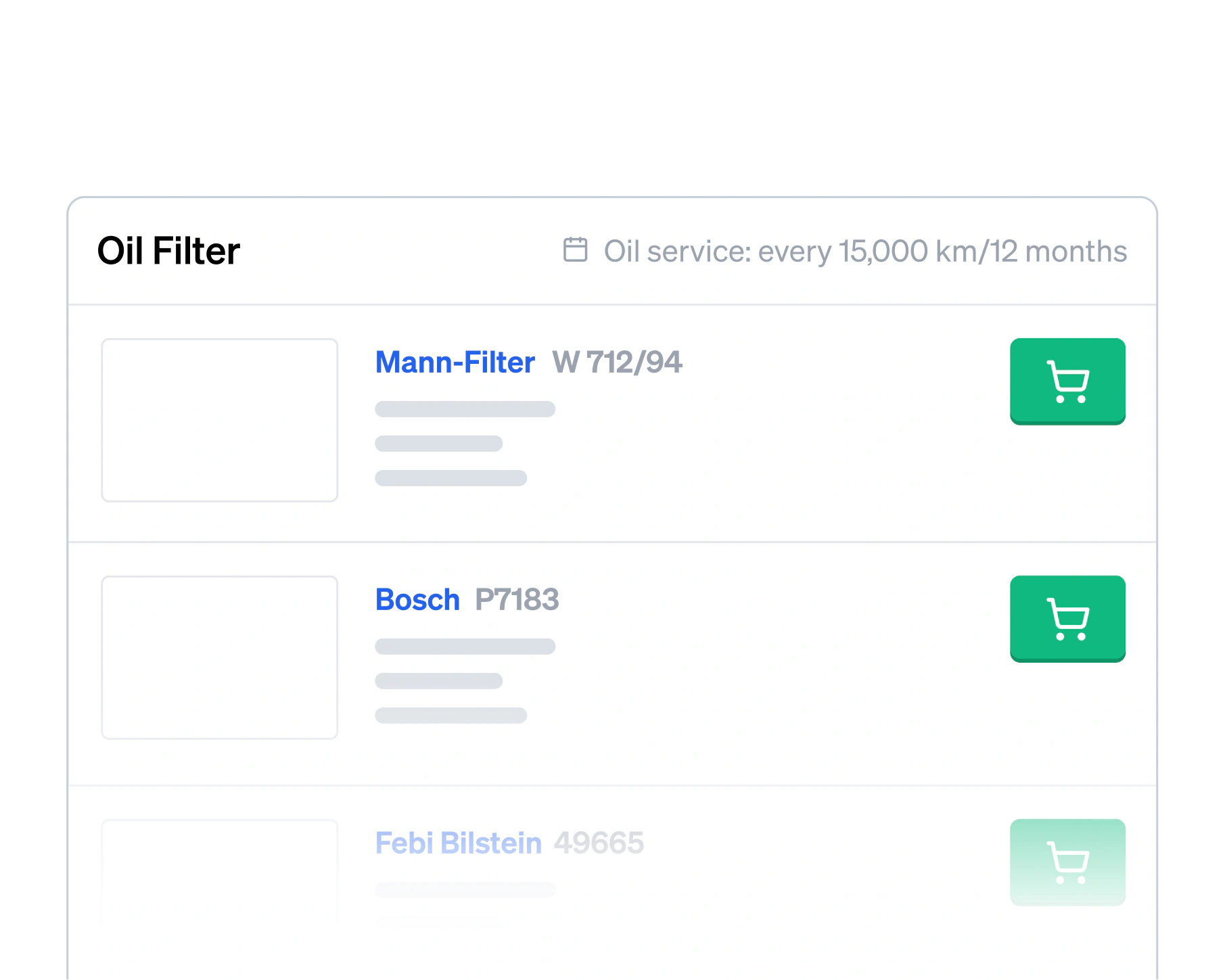 The oil filter list for a car, its oil service interval of every 15,000 km or 12 months printed beside the heading