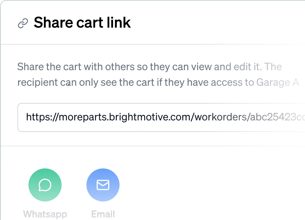 The share cart link dialog: the link to the cart with a copy button, WhatsApp and email beneath it, and a note that the recipient sees the cart only if they have access to Garage A