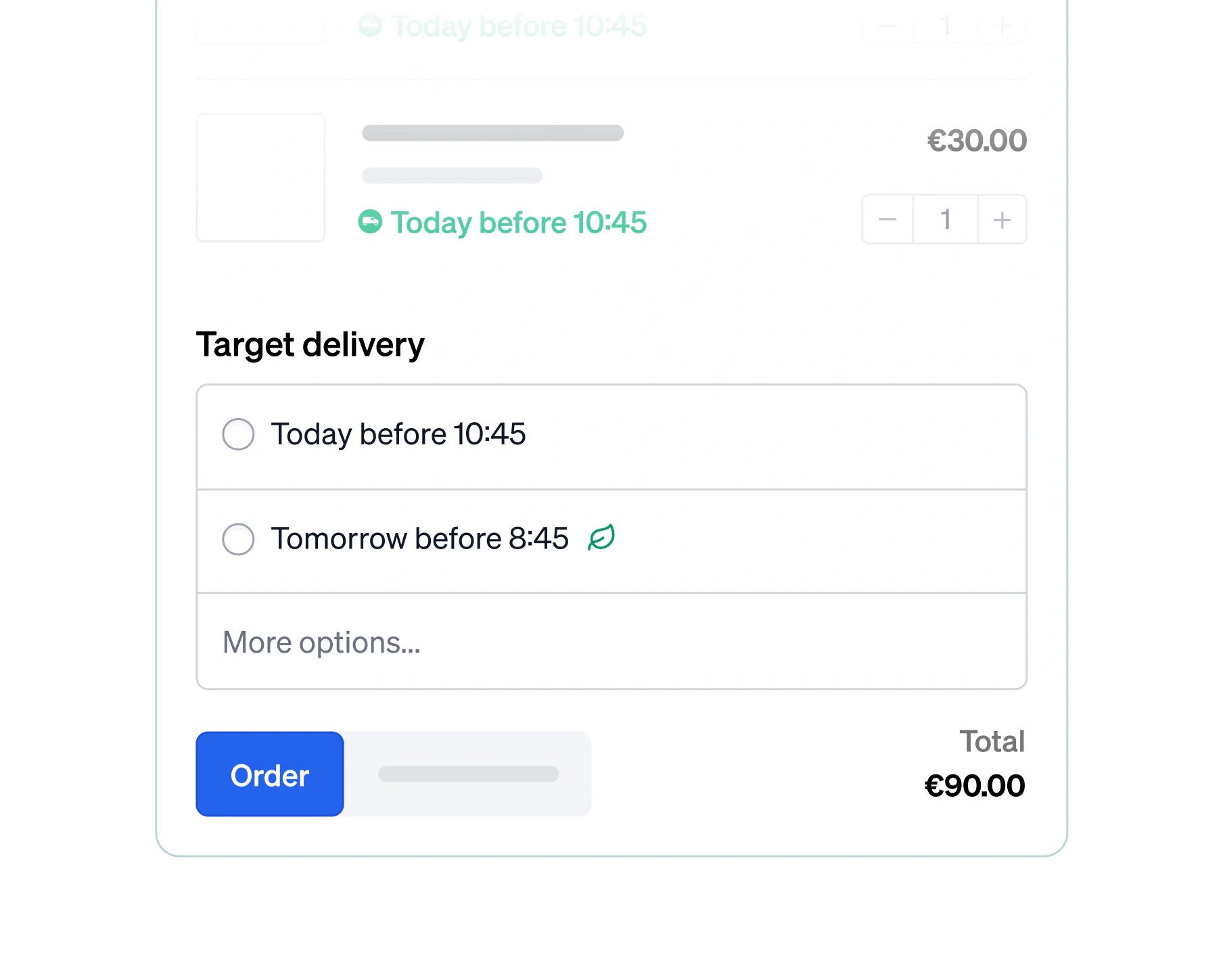 The cart's target delivery picker offering today before 10:45 and tomorrow before 8:45