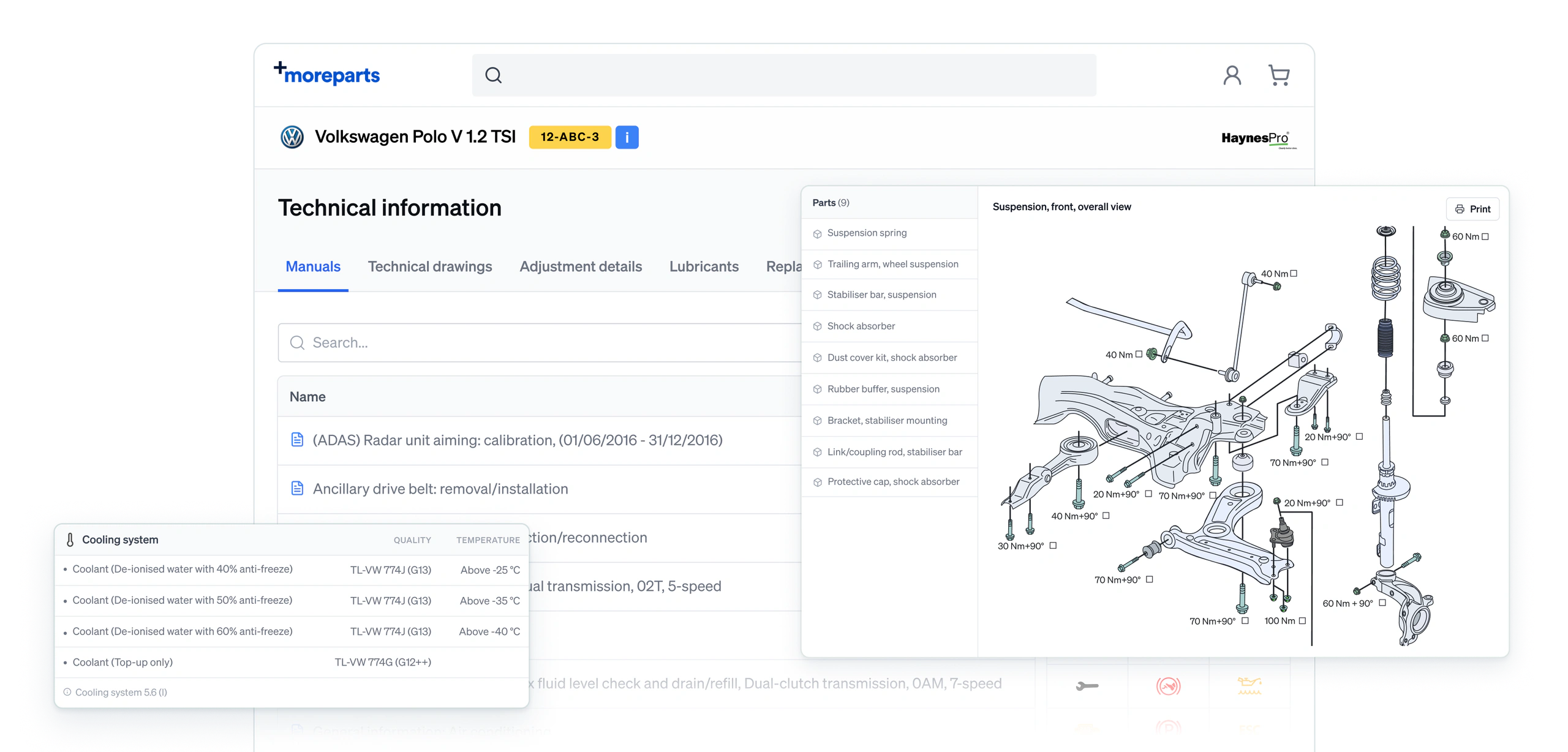 The technical information page for a Volkswagen Polo, with manuals, a suspension drawing and its parts list, and coolant specifications