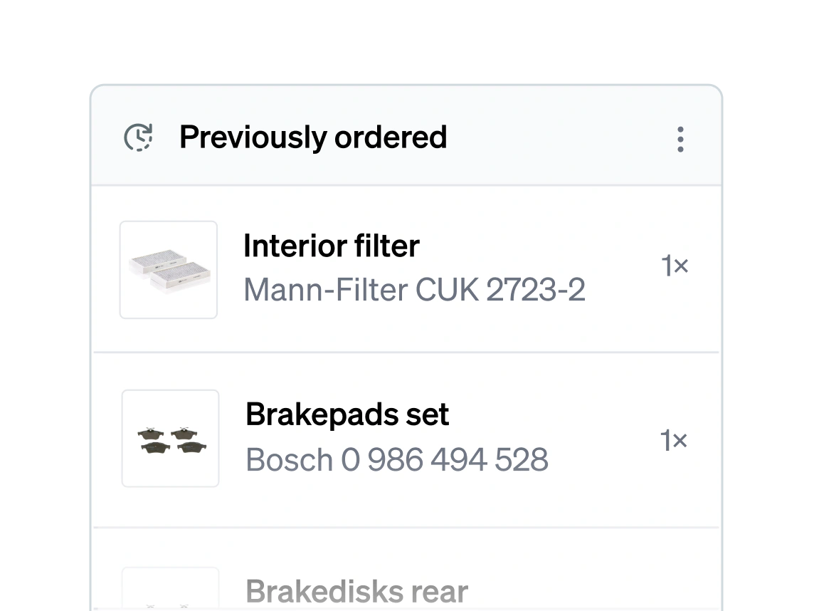 The previously ordered block on a vehicle page, a Mann-Filter interior filter and a Bosch brake pad set above a faded rear brake discs line
