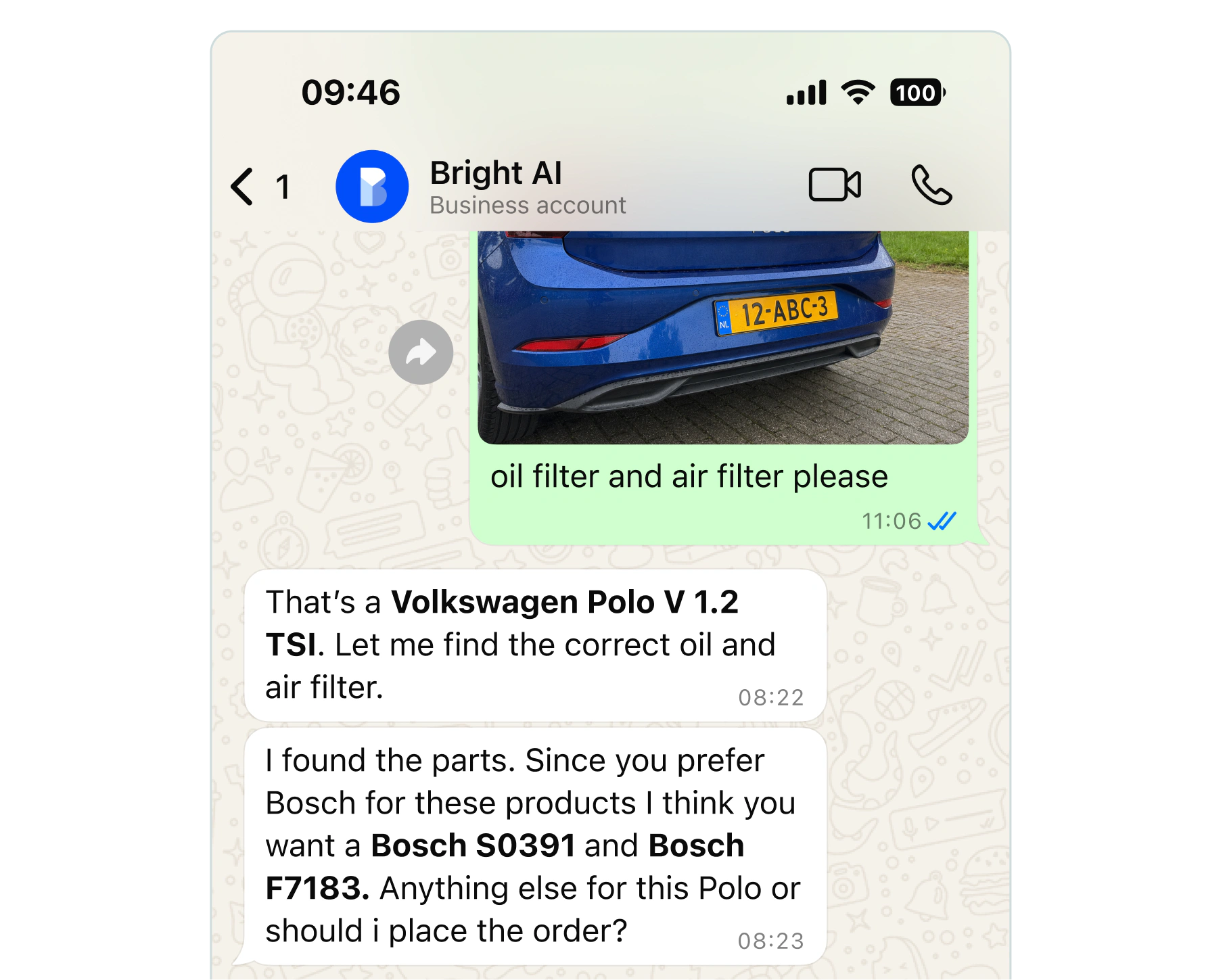 A WhatsApp thread with a parts business account, a photo of a Polo's number plate and a line asking for an oil and air filter answered with the vehicle named and the two Bosch parts that fit it